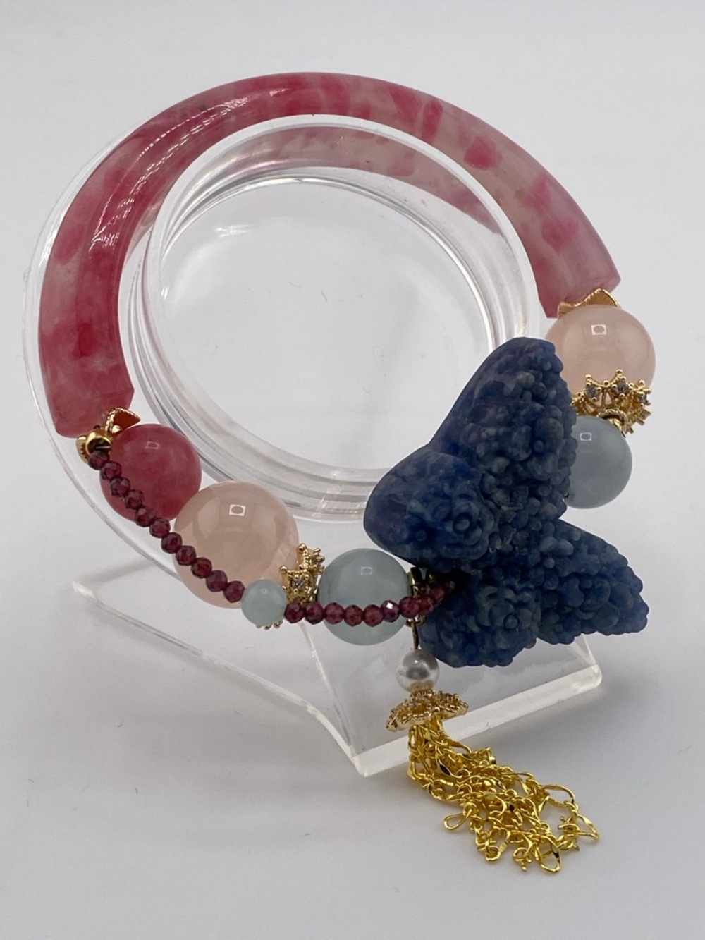 Rhodonite Half Bangle Bracelet with Botryoidal Sodalite Butterfly, Aquamarine